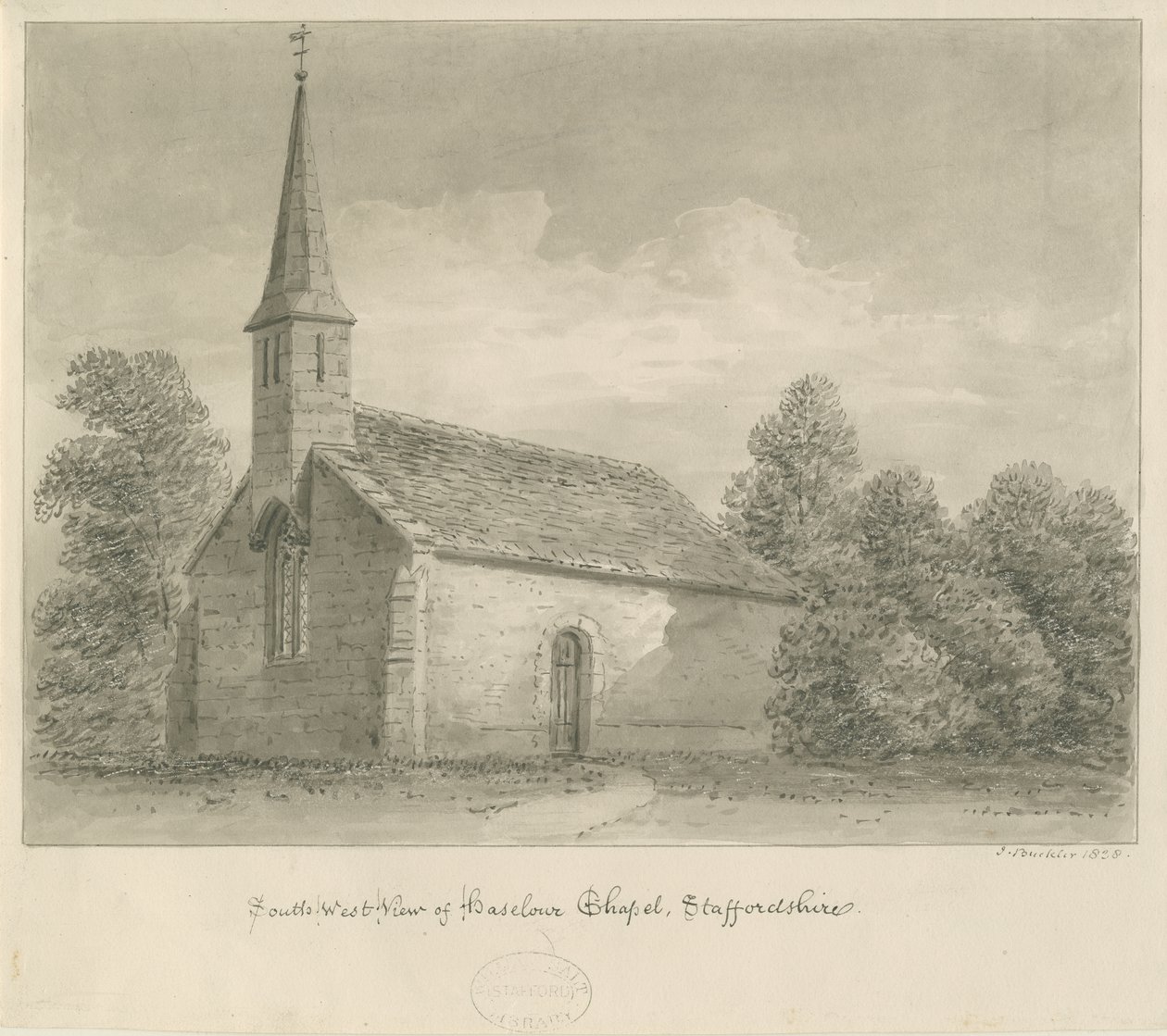 Haselour kapell: sepia-tegning, 1828 av John Buckler