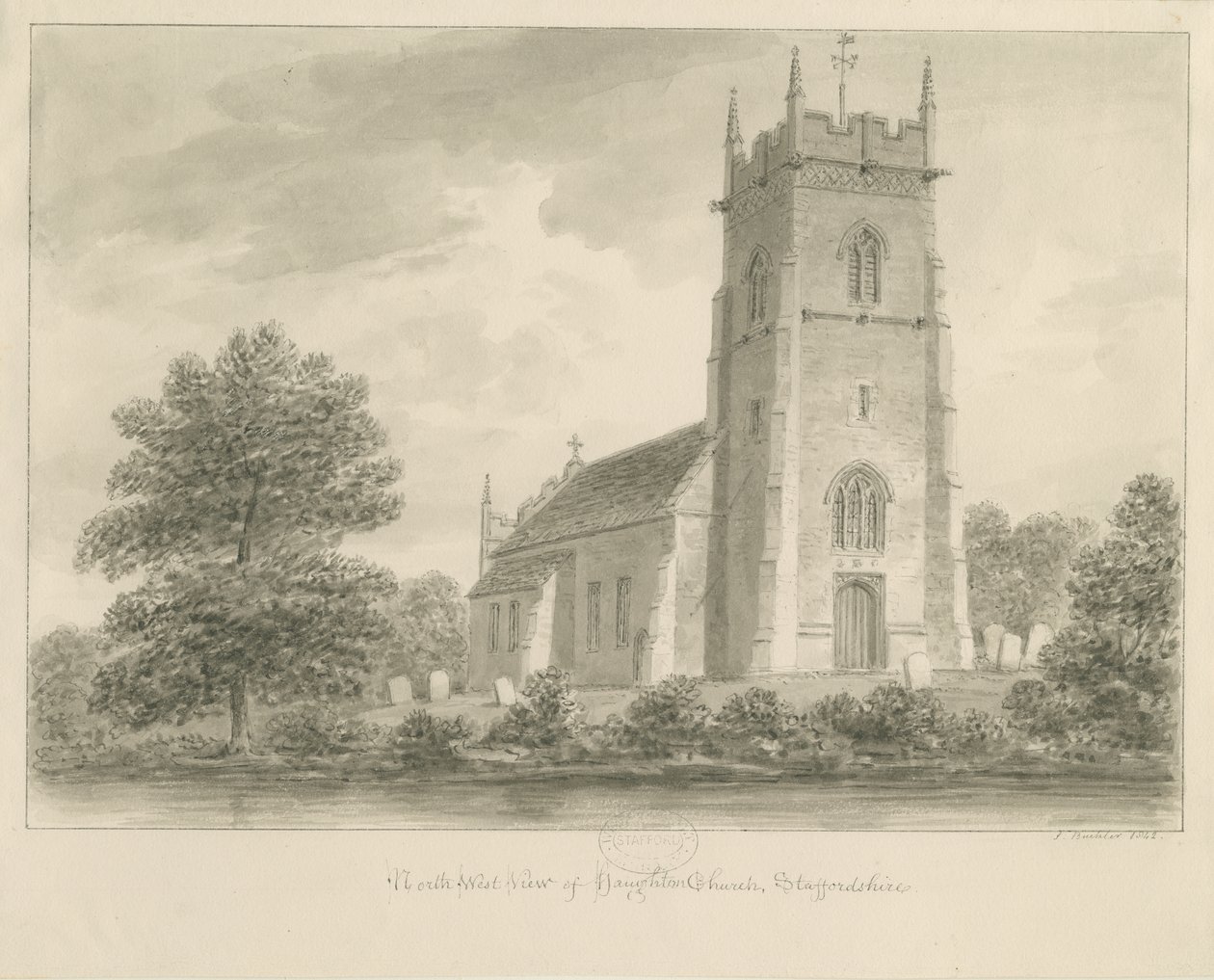 Haughton Church: sepia-tegning av John Buckler