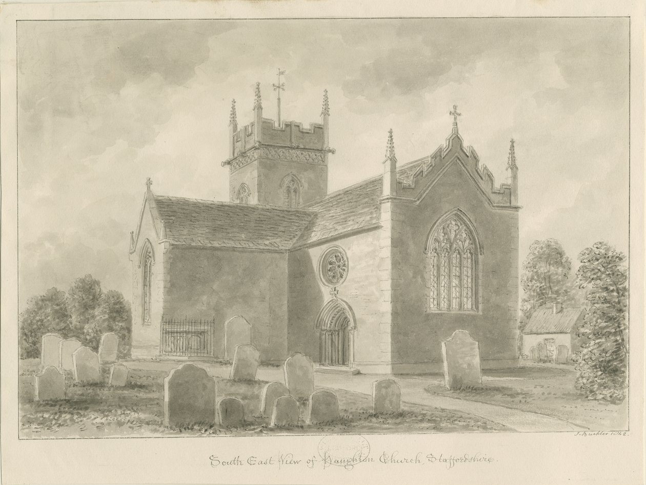 Haughton Church: sepia vasketegning, 1842 av John Buckler