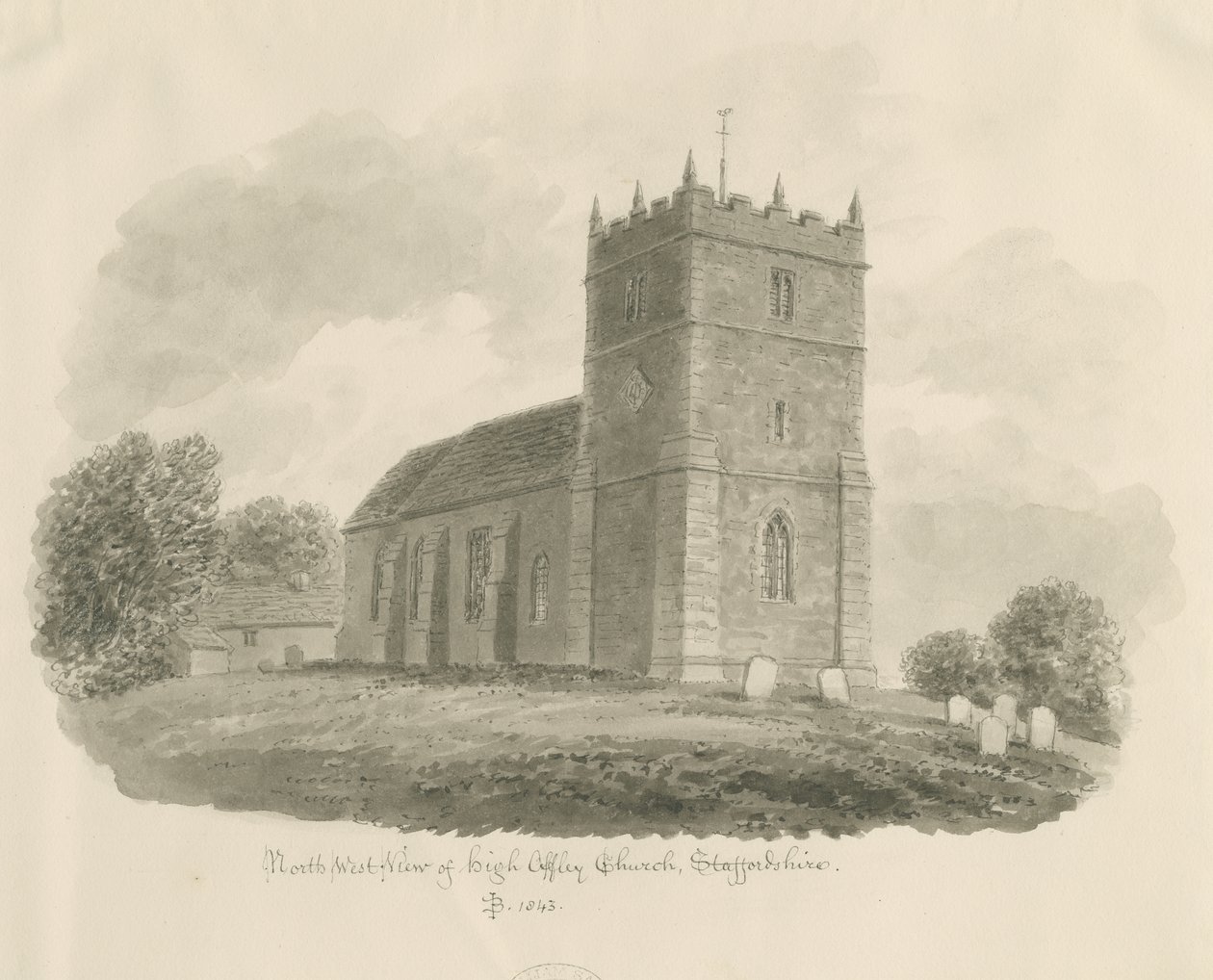 High Offley Church: sepia-tegning, 1843 av John Buckler