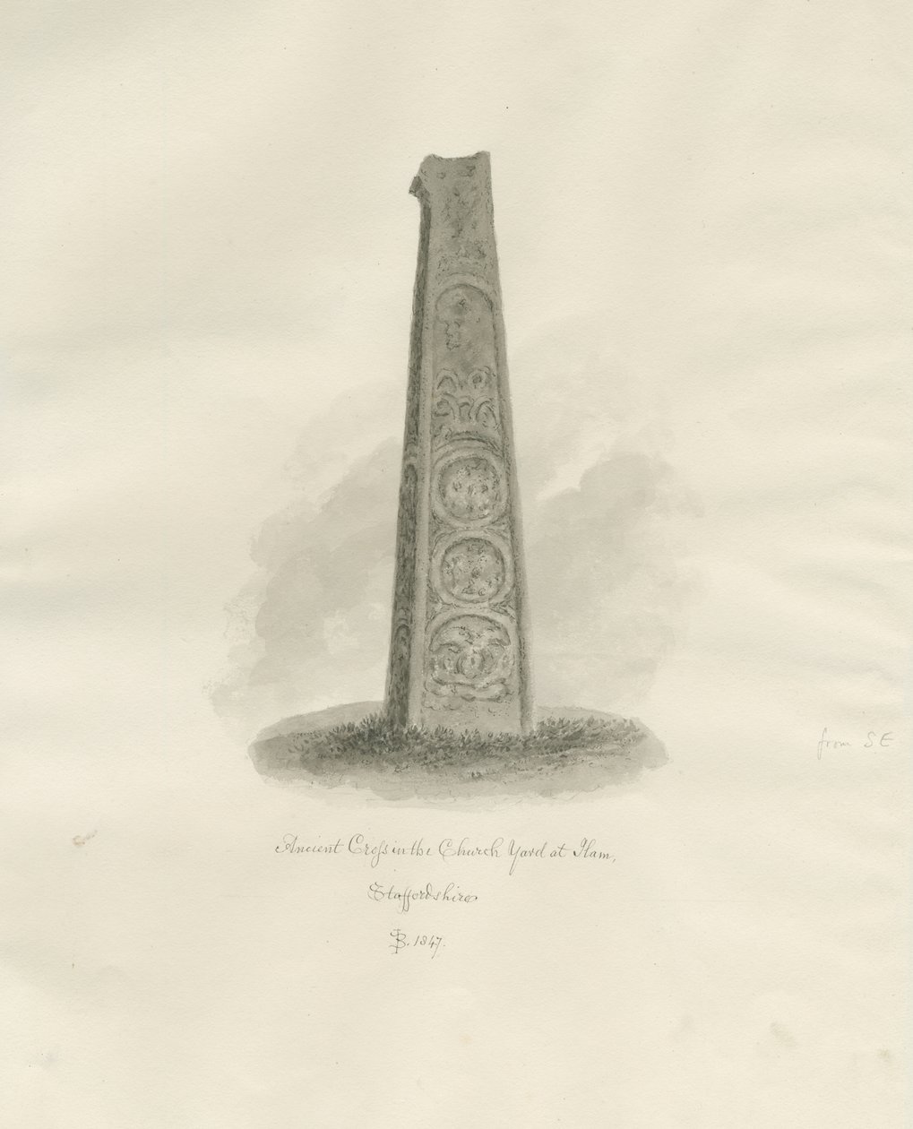 Ilam-kirken - Ancient Cross: sepia-tegning, 1847 av John Buckler