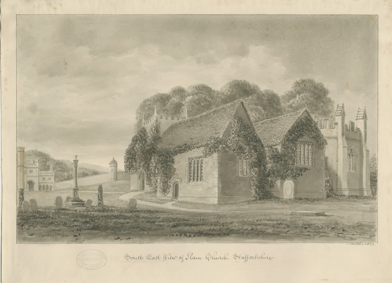 Ilam kirke: sepia-tegning, 1839 av John Buckler
