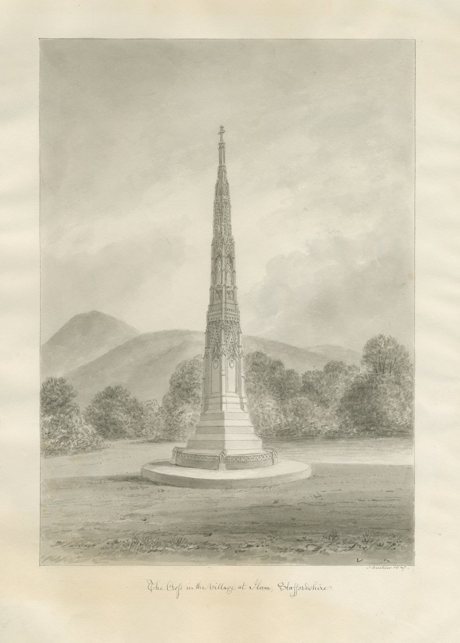 Ilam Village - Cross: sepia-tegning av John Buckler