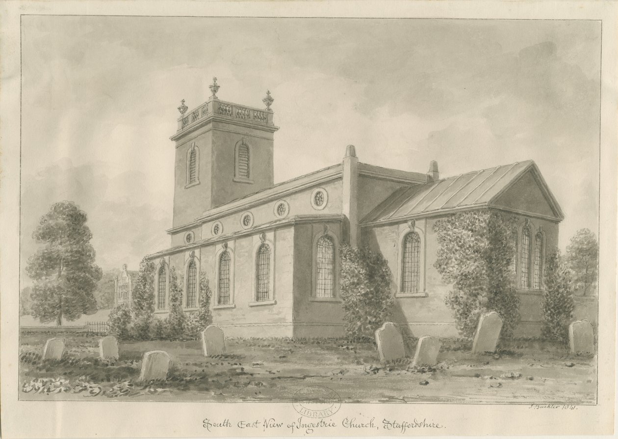 Ingestre kirke: sepia tegning av John Buckler