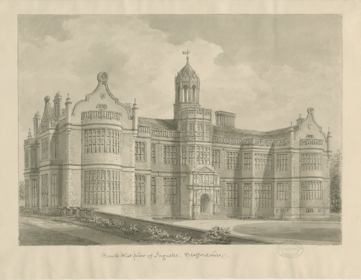 Ingestre Hall: sepia tegning av John Buckler