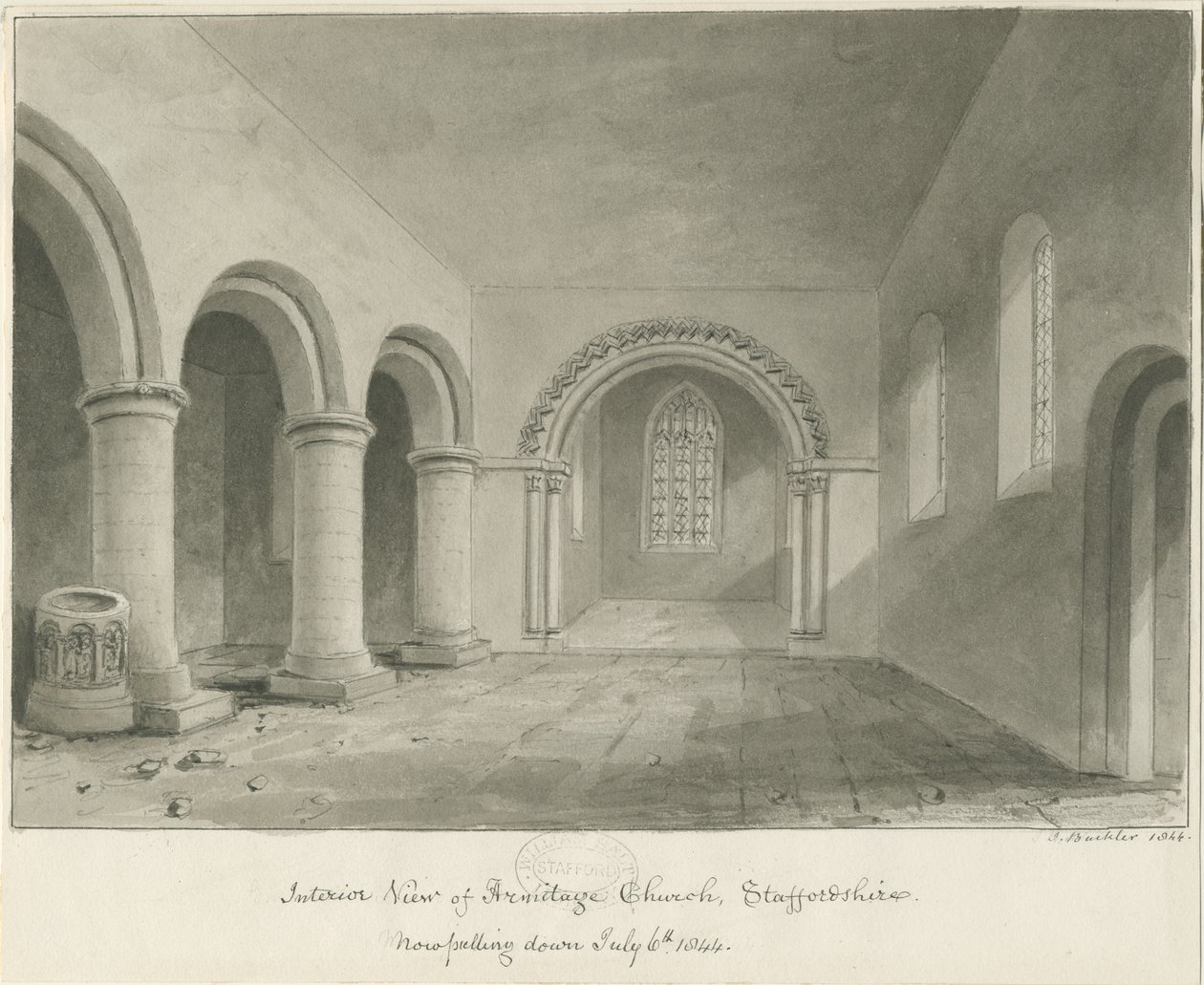 Interiør i Armitage Church: sepia-tegning, 6. juli 1844 av John Buckler