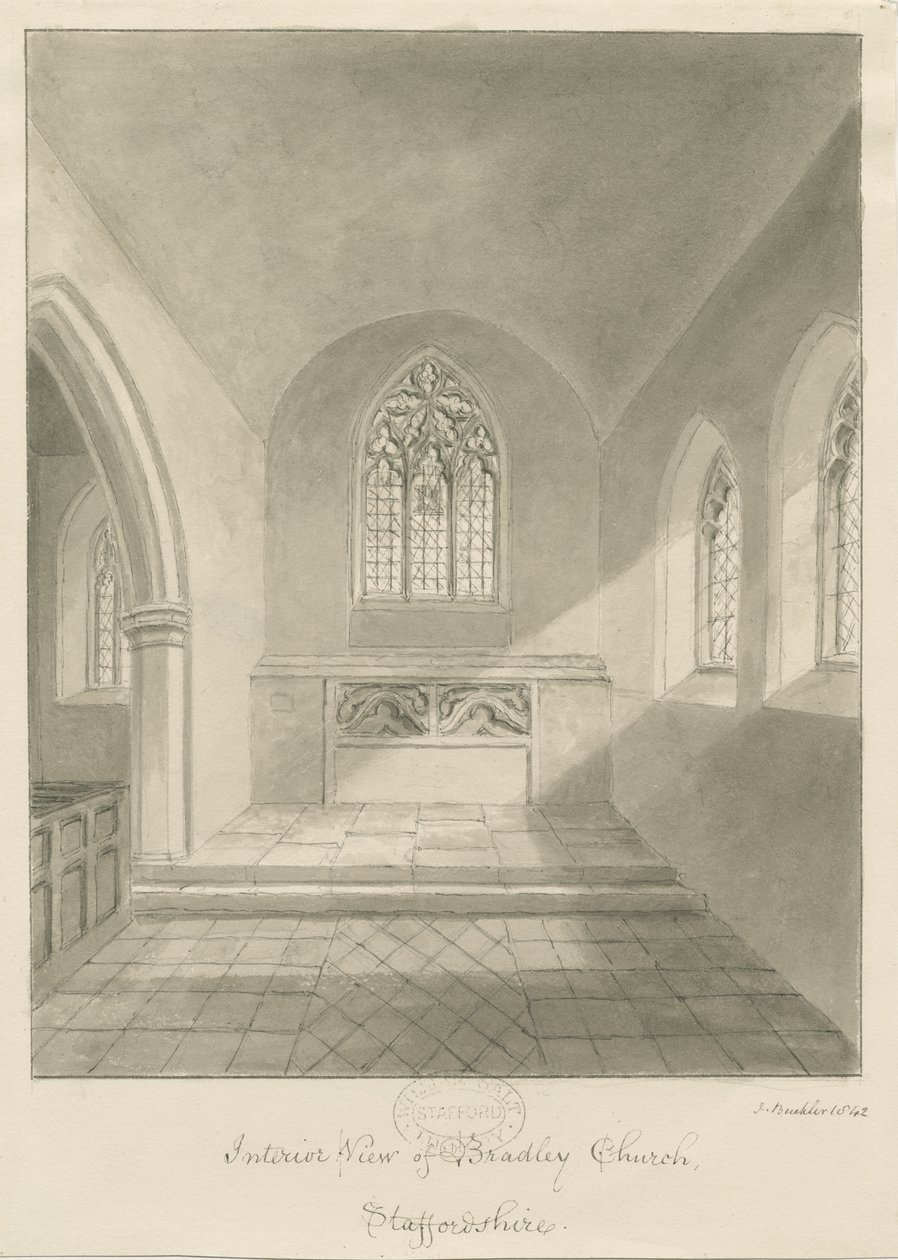 Interiør i Bradley Church: sepia-tegning, 1842 av John Buckler