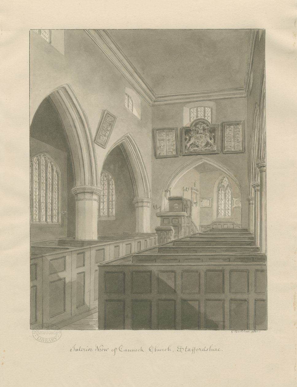Interiør i Cannock Church: sepia-tegning av John Buckler
