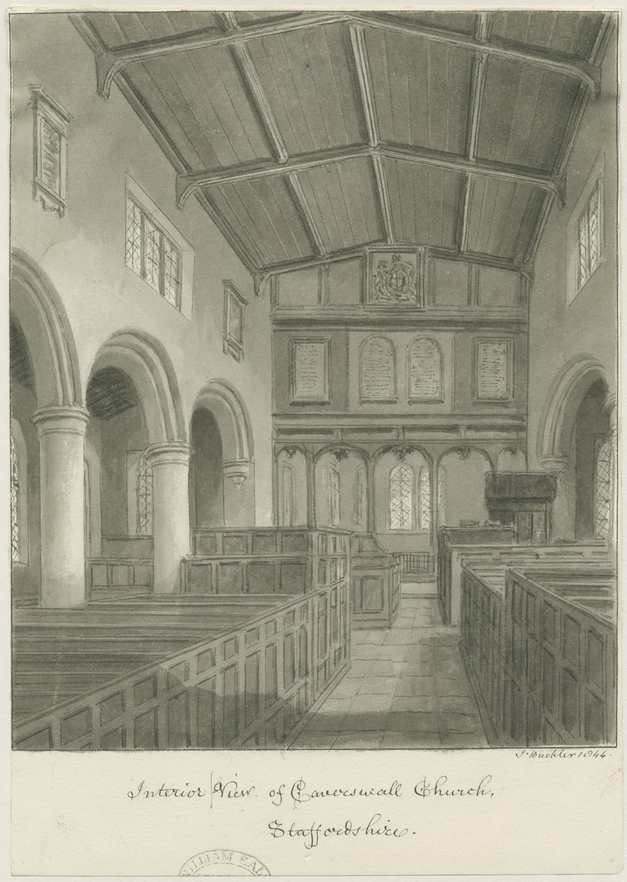 Interiør i Caverswall kirke: sepia tegning av John Buckler