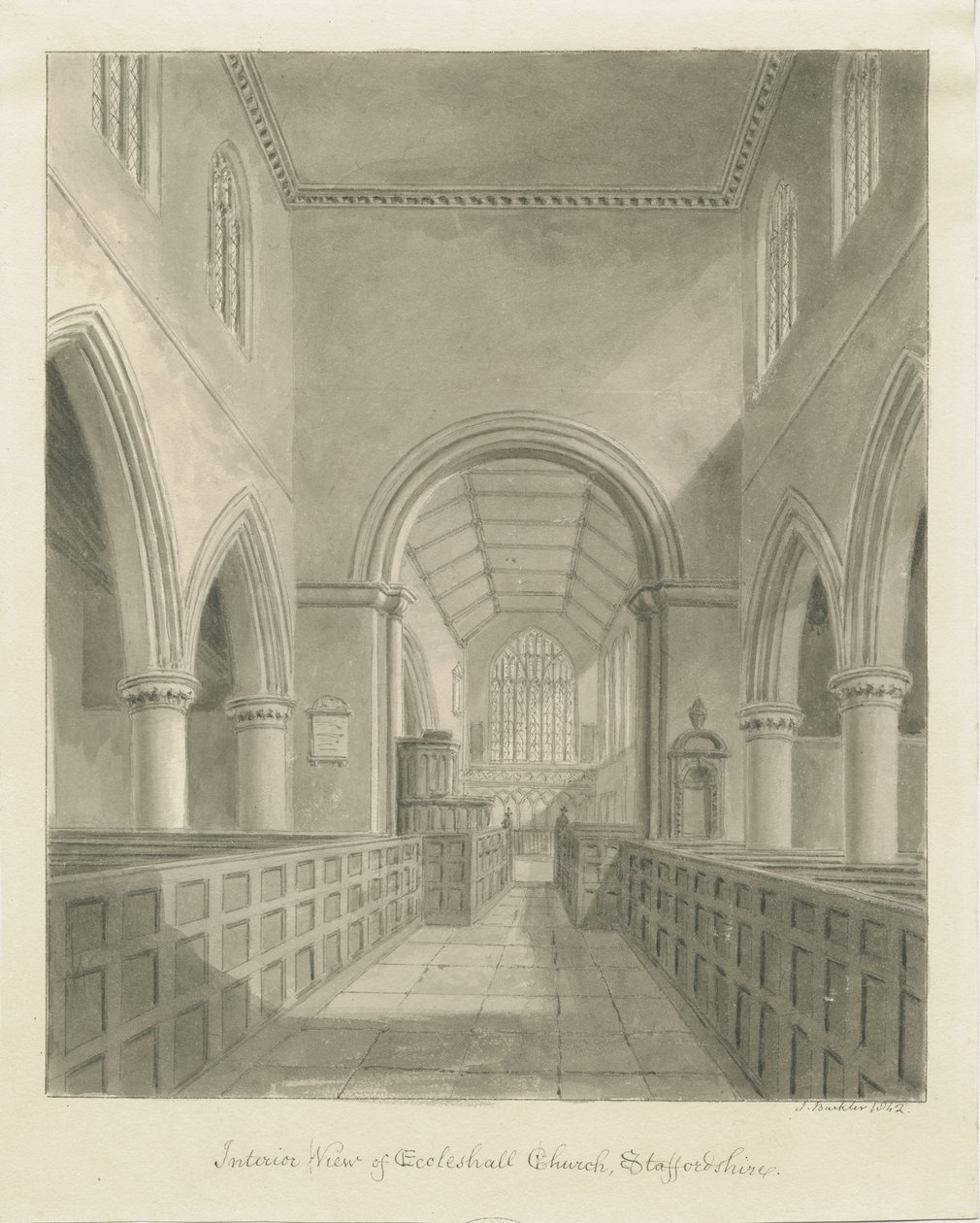 Interiør i Eccleshall kirke: sepia-tegning, 1842 av John Buckler