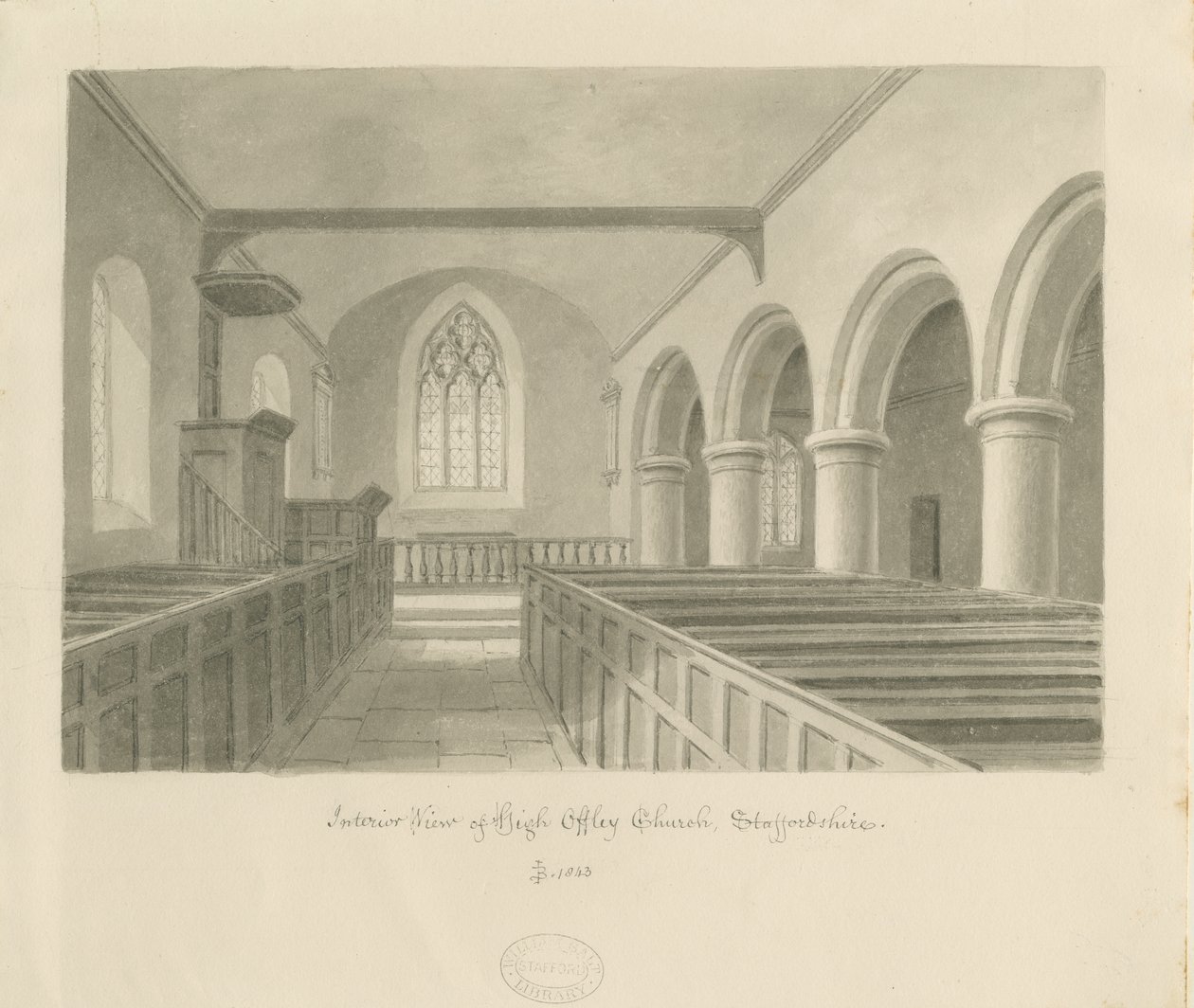 Interiør i High Offley Church: sepia-tegning av John Buckler