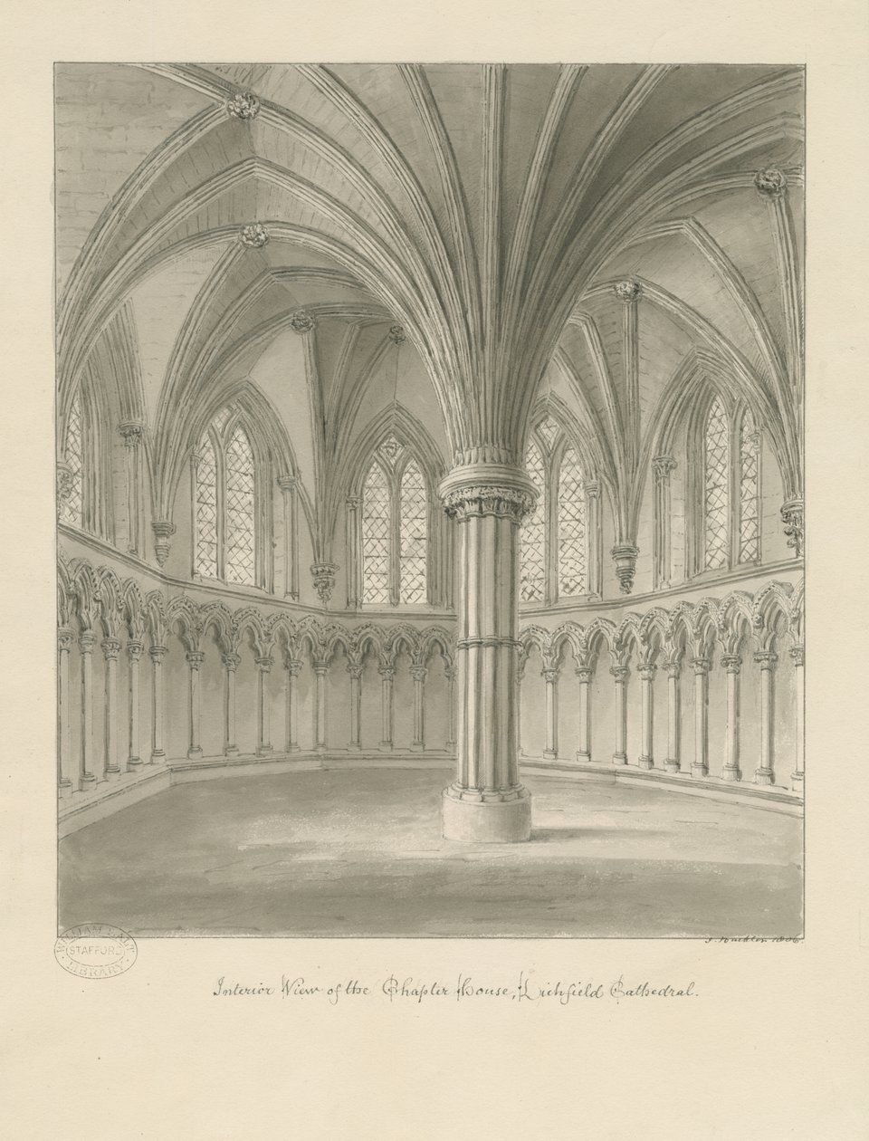 Interiør i Lichfield Cathedral - Chapter House: sepia-tegning av John Buckler