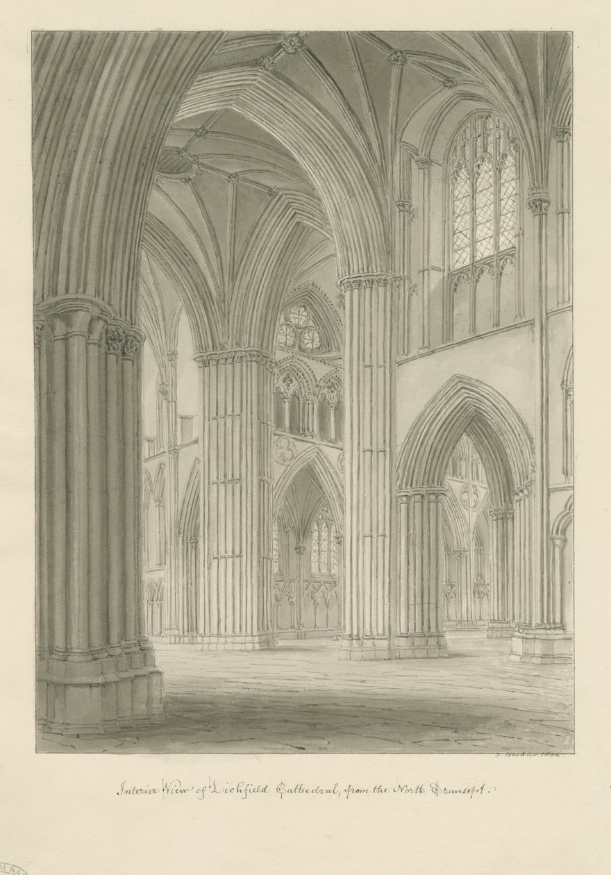 Interiør av Lichfield Cathedral - Kryss fra North Transept: sepia-tegning av John Buckler