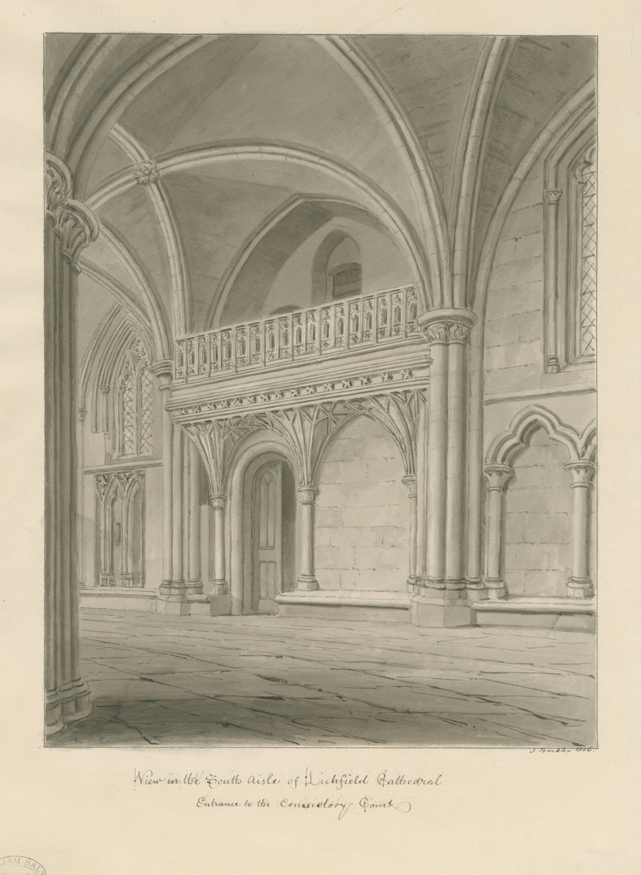 Interiør i Lichfield Cathedral - Inngang til Consistory Court: sepia-tegning av John Buckler