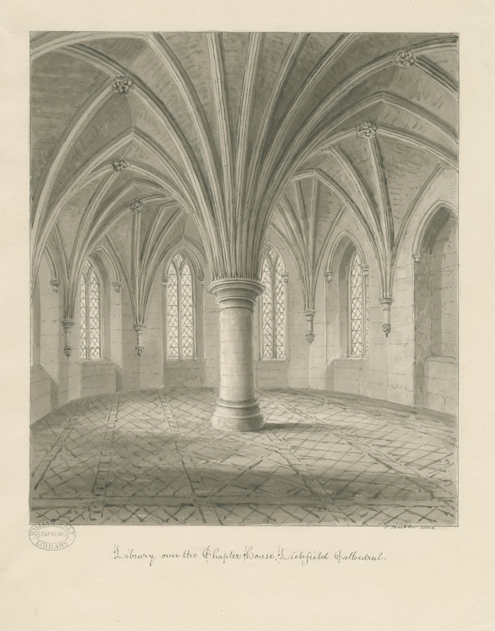 Interiør i Lichfield Cathedral - Bibliotek over Chapter House: sepia-tegning av John Buckler