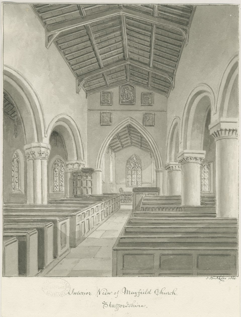 Interiør av Mayfield Church: sepia vasketegning, 1844 av John Buckler