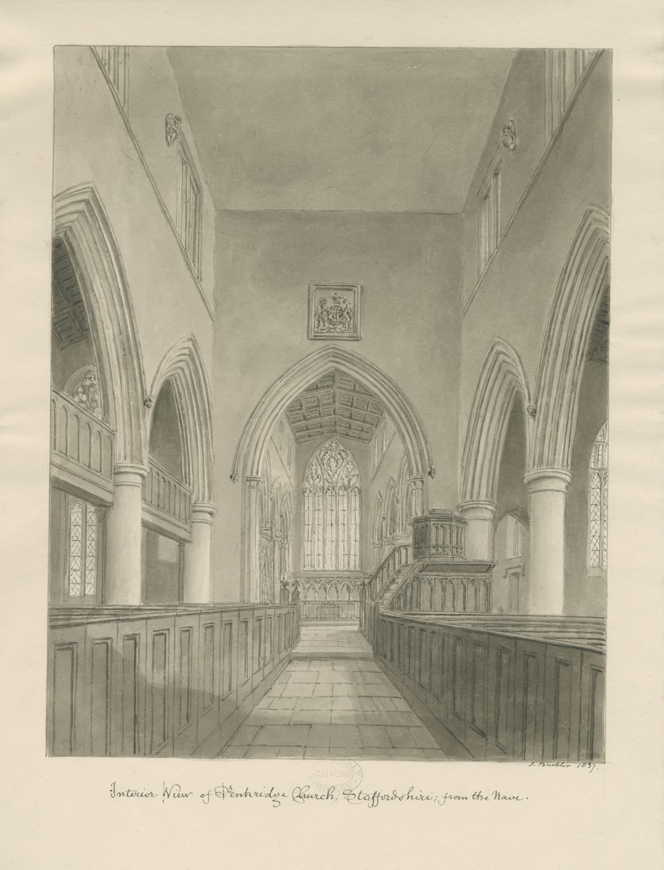 Interiør i Penkridge Church: sepia-tegning av John Buckler