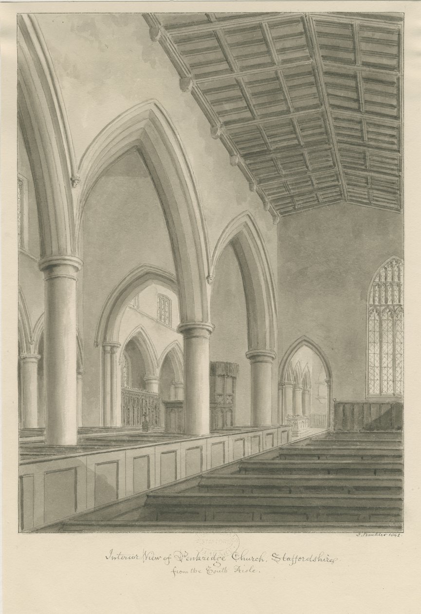 Interiør i Penkridge Church: sepia-tegning av John Buckler