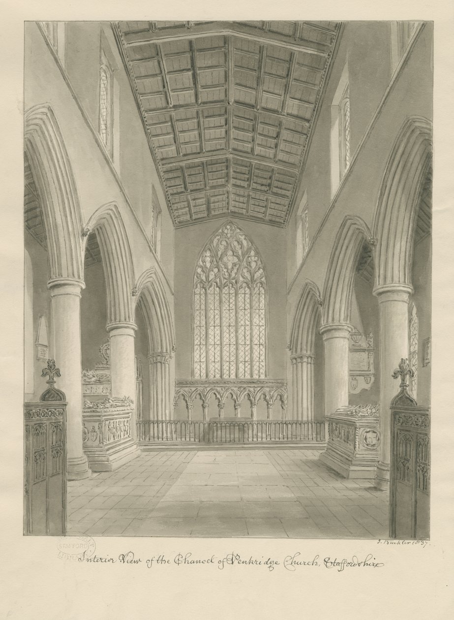 Interiør i Penkridge Church: sepia-tegning av John Buckler