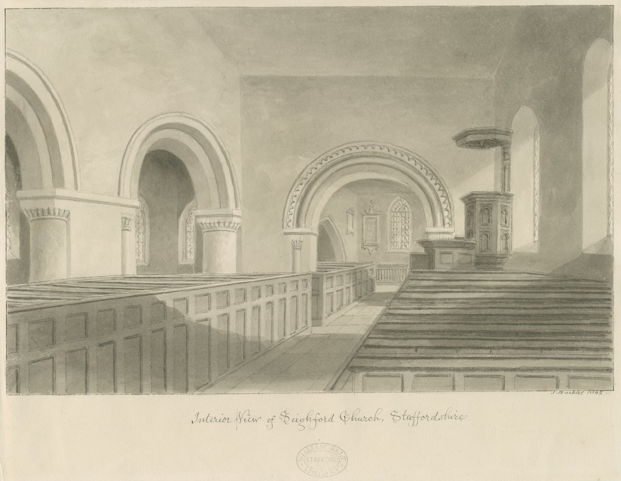 Interiør i Seighford Church: sepia-tegning av John Buckler