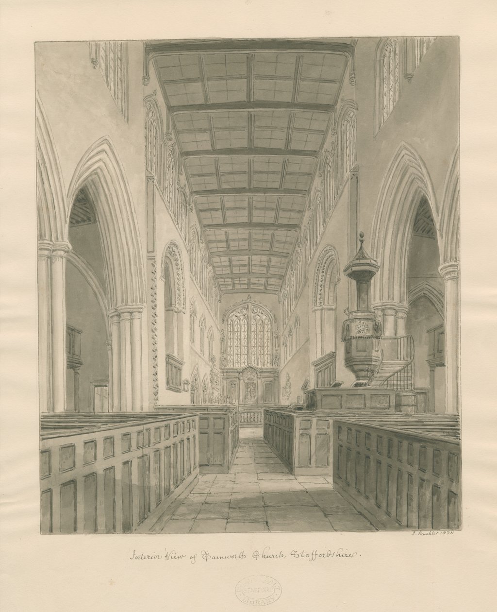 Interiør i Tamworth Church: sepia-tegning av John Buckler