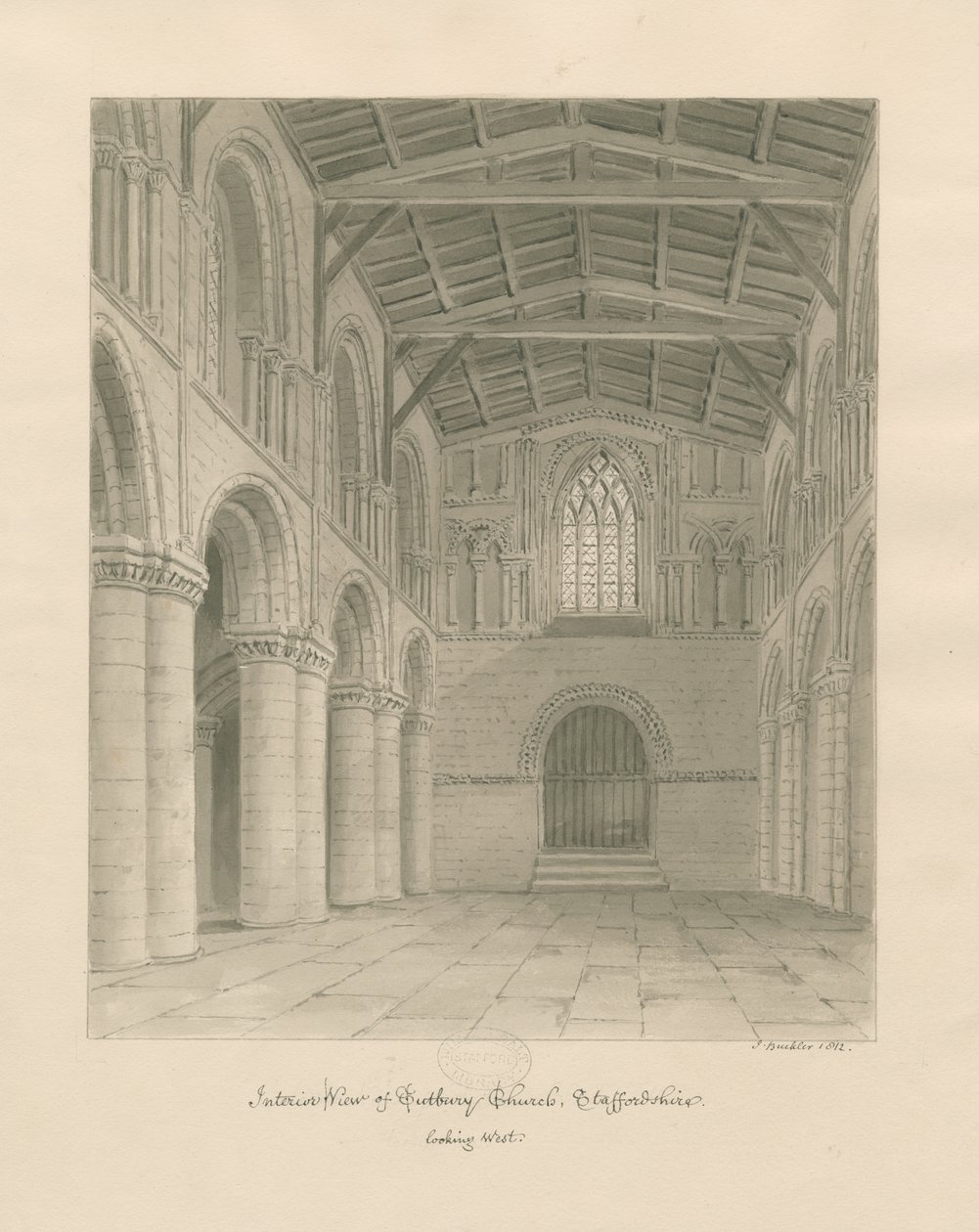 Interiør i Tutbury Priory Church: sepia vask tegning av John Buckler
