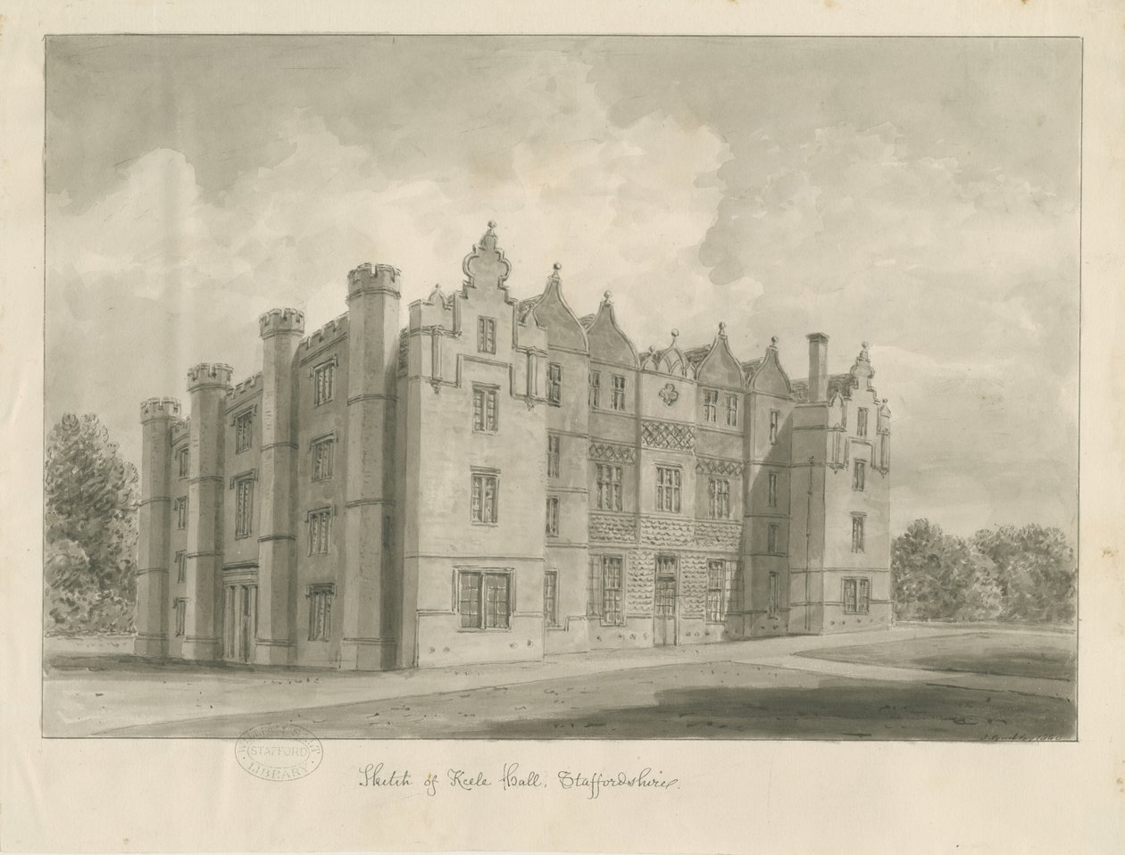 Keele Hall: sepia-tegning av John Buckler