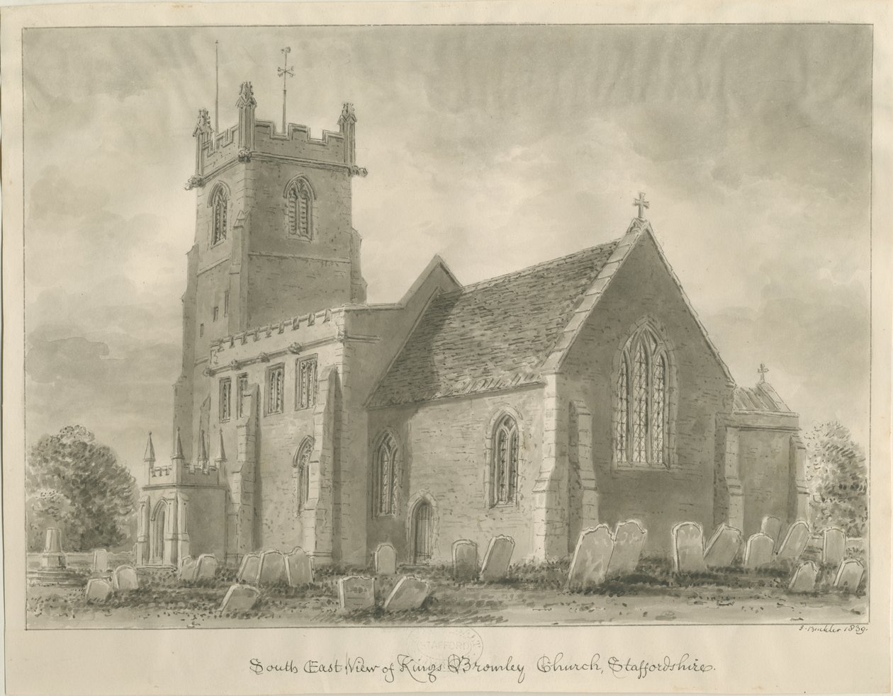 Kings Bromley Church: sepia-tegning, 1839 av John Buckler