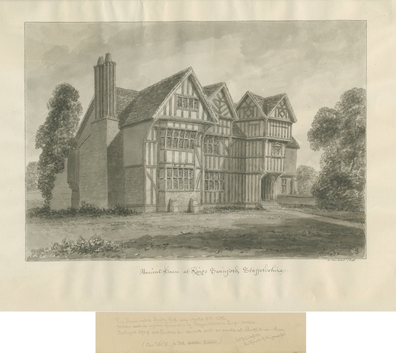 Kingswinford - Bradley Hall: sepia-tegning av John Buckler