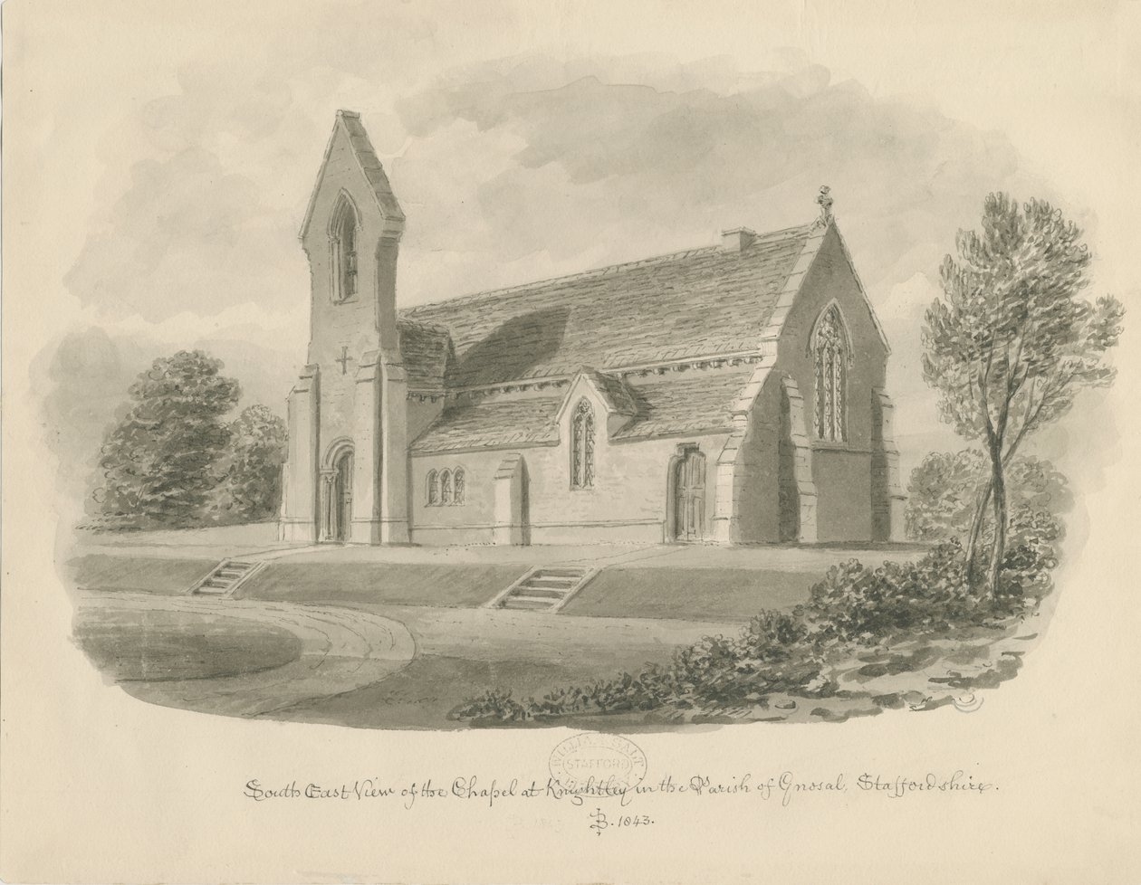 Knightley Chapel: sepia-tegning av John Buckler