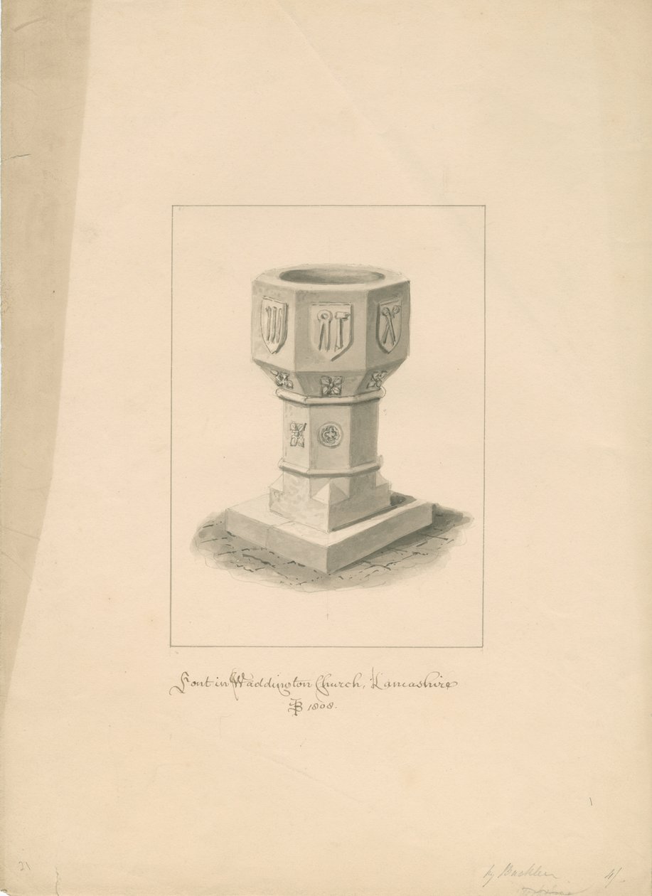 Lancashire - Waddington Church - Font: sepia-tegning, 1808 av John Buckler