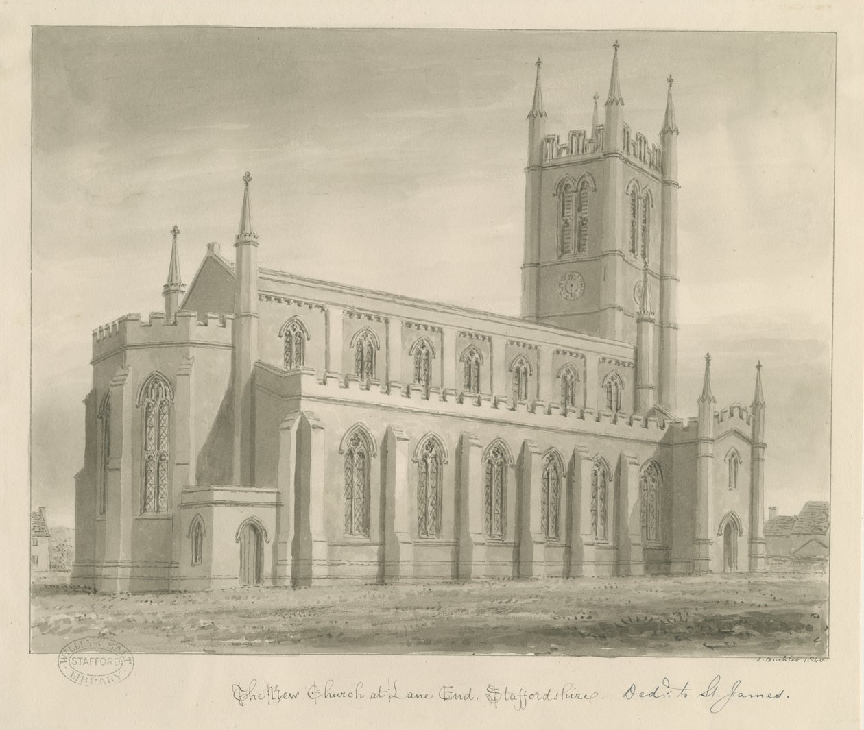 Lane End - New Church: sepia-tegning av John Buckler