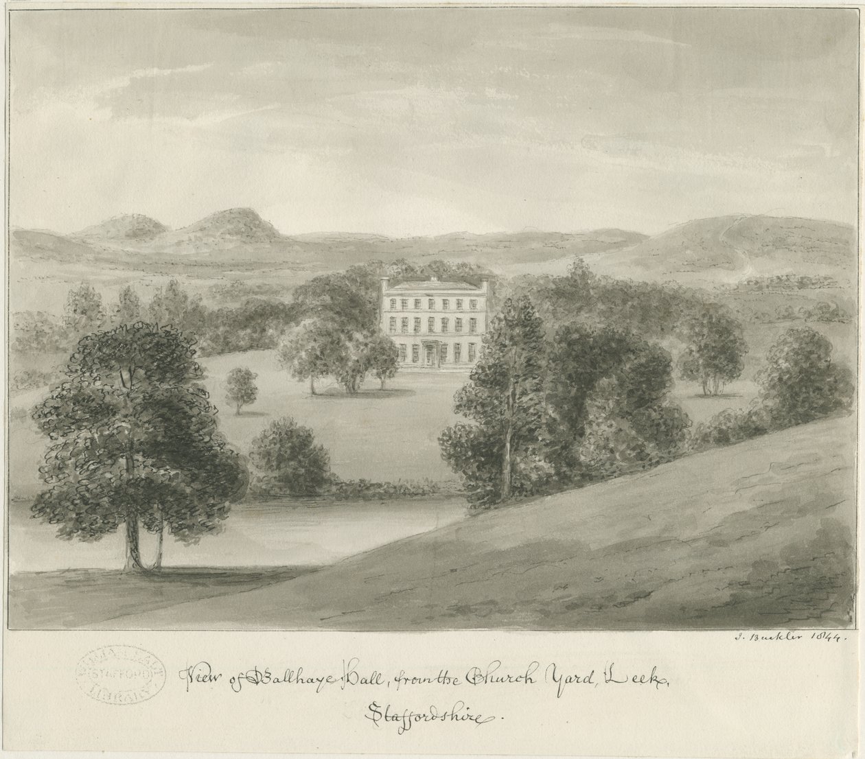 Purre - Ball Haye Hall: sepia-tegning, 1844 av John Buckler