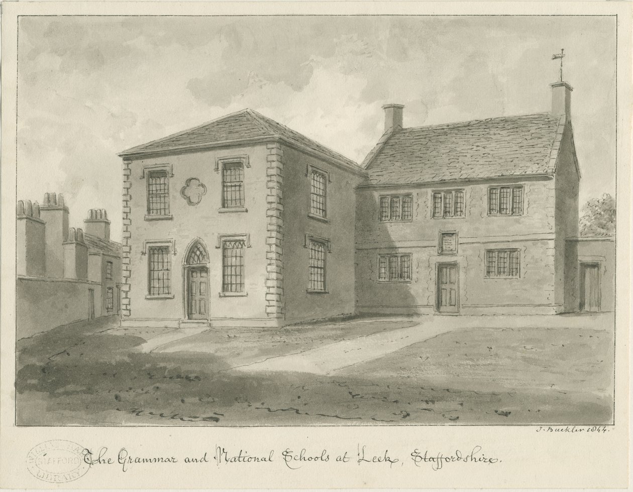 Leek Town - Grammar School: sepia-tegning, 1844 av John Buckler