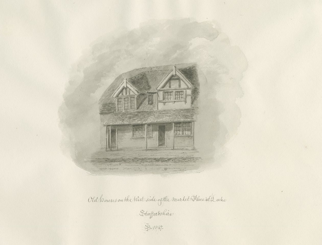 Leek Town - Old Houses in Market Place: sepia-tegning av John Buckler