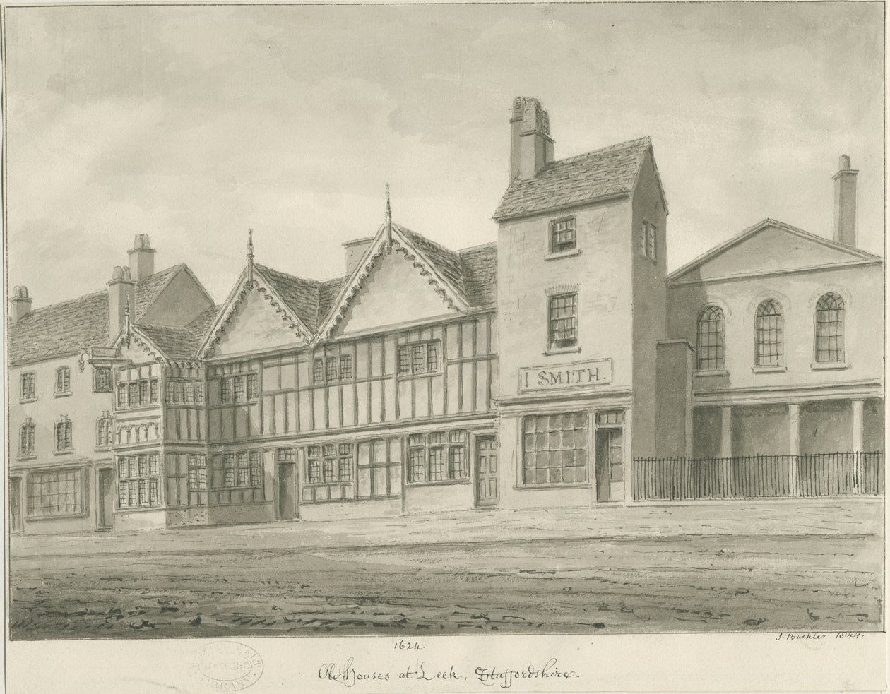 Leek Town - Old Houses: sepia-tegning, 1844 av John Buckler