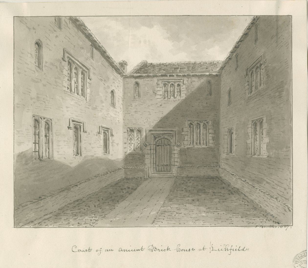 Lichfield - Court Yard of Old House in The Close: sepia-tegning av John Buckler