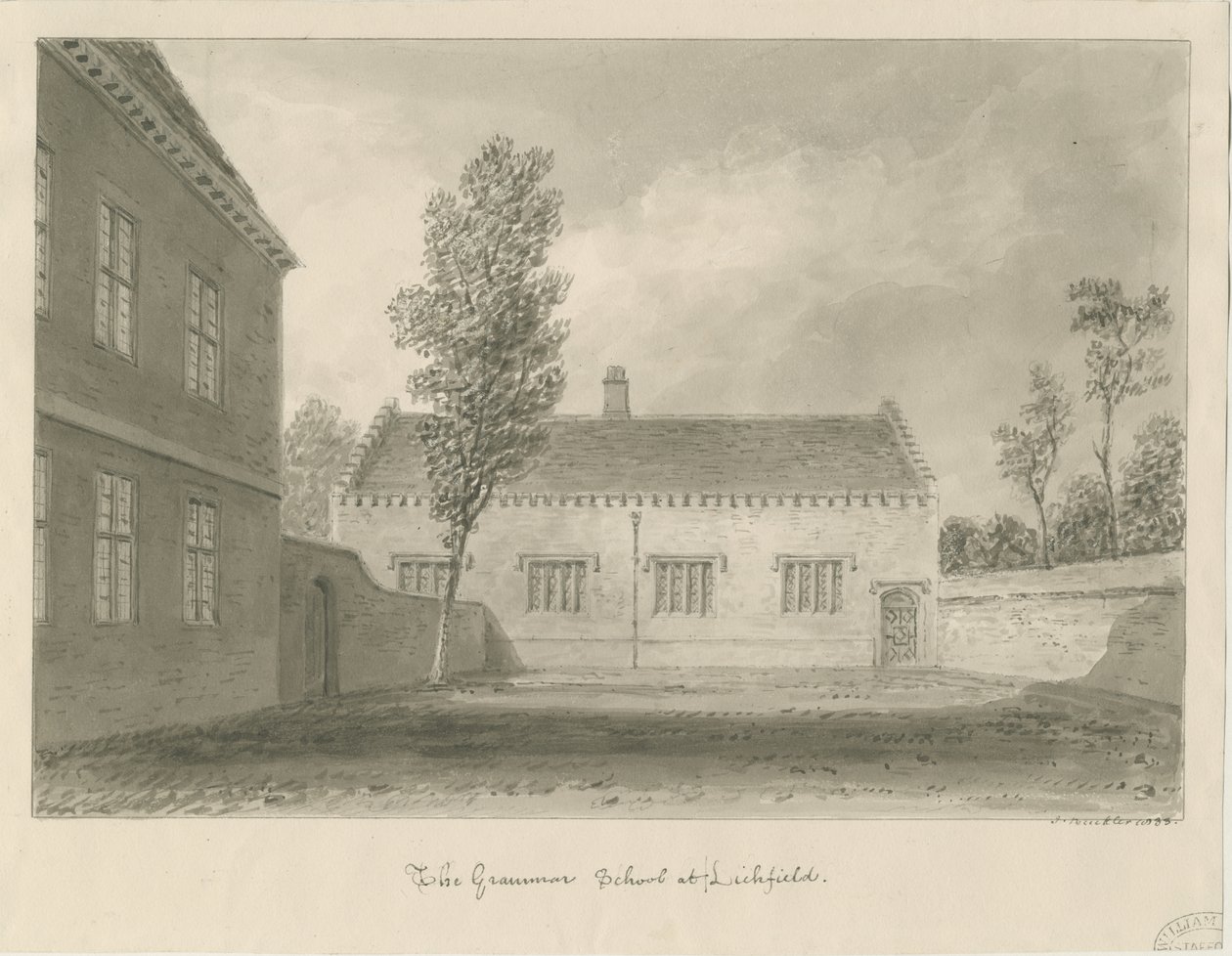Lichfield - Grammar School: sepia-tegning av John Buckler