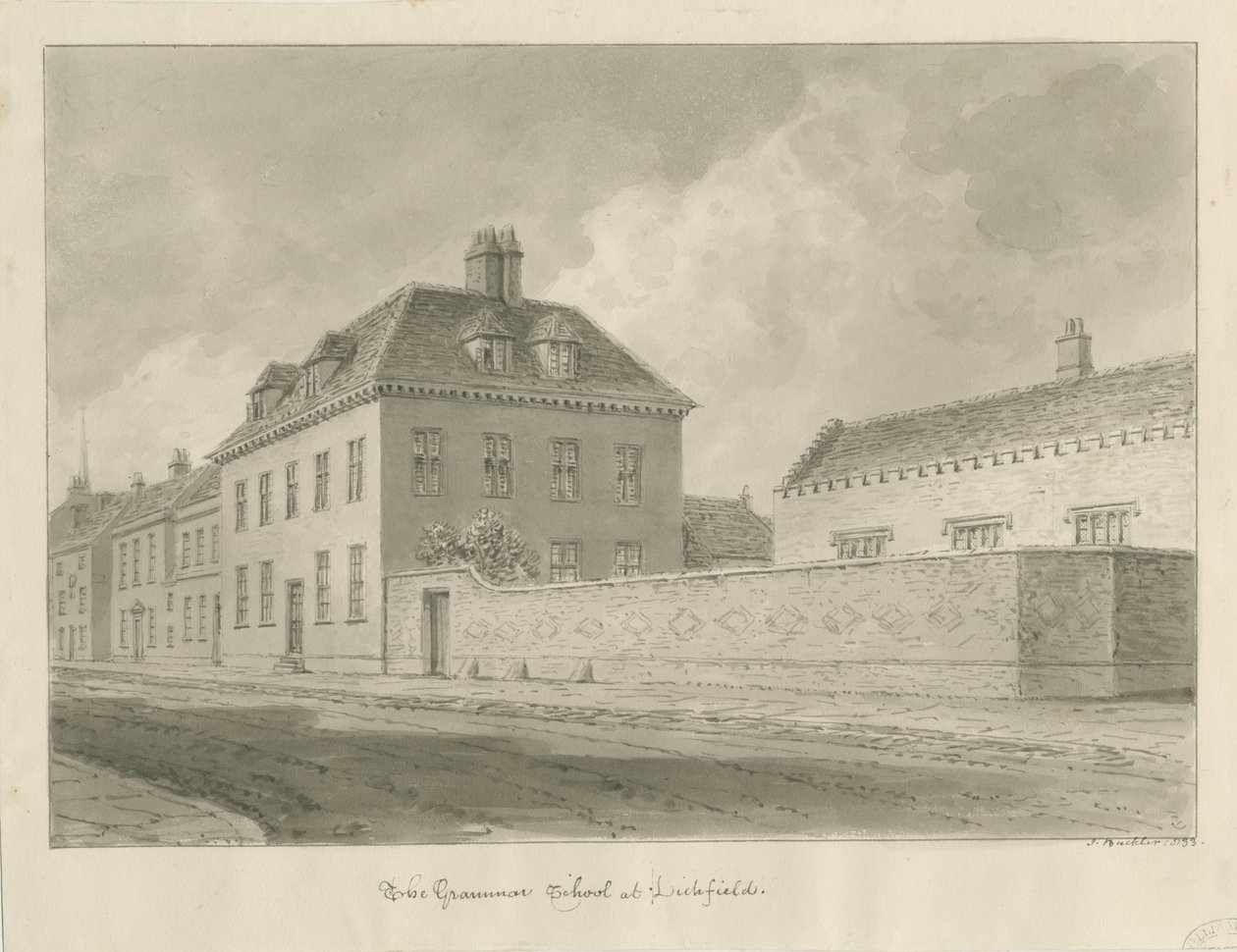 Lichfield - Grammar School: sepia-tegning av John Buckler