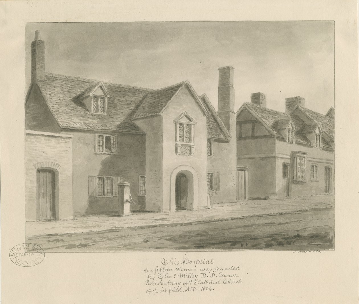 Lichfield - Hospital for Women: sepia-tegning av John Buckler