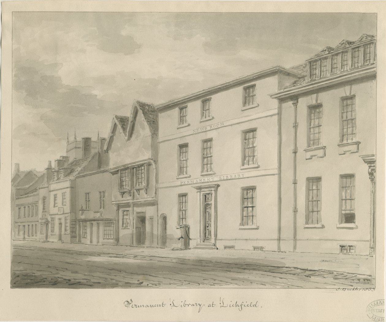 Lichfield - Bibliotek: sepia-tegning, 1833 av John Buckler
