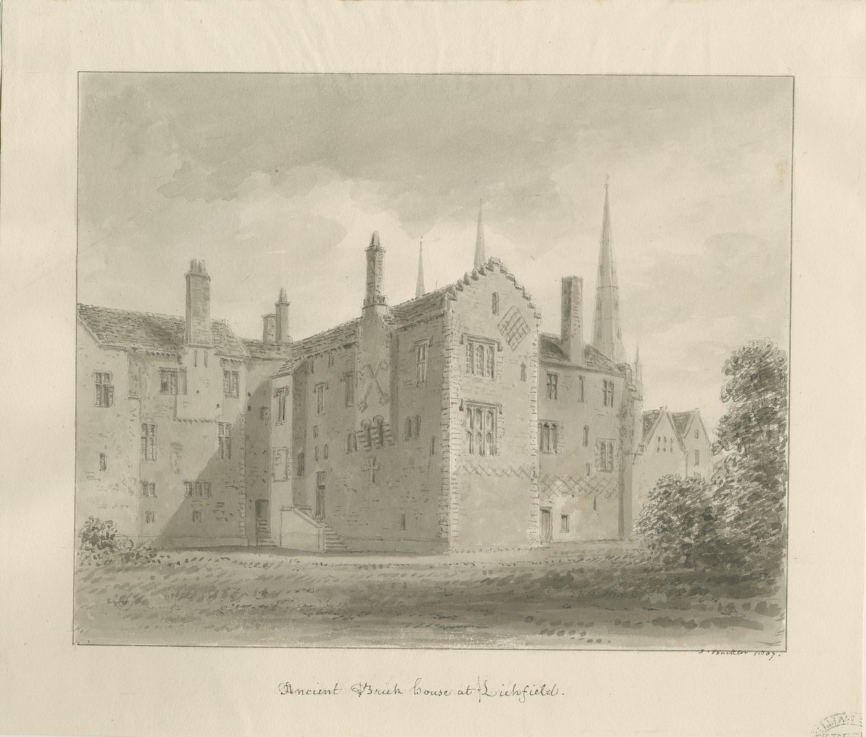Lichfield - Old House in The Close: sepia-tegning av John Buckler