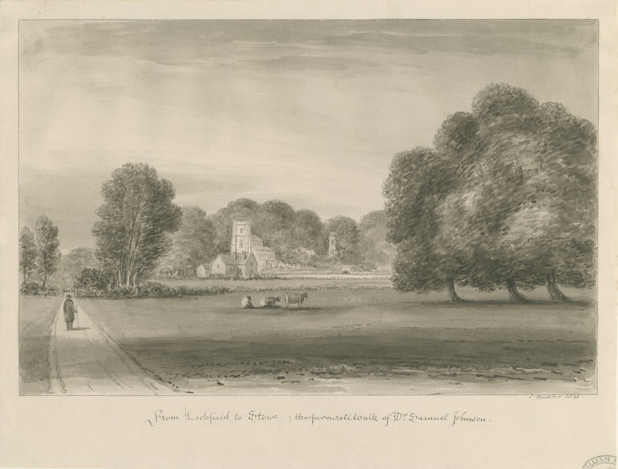 Lichfield - Stowe: sepia-tegning, 1841 av John Buckler