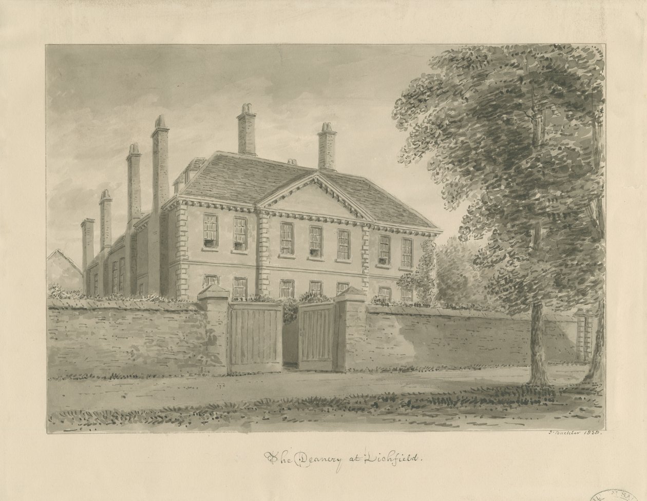 Lichfield - The Deanery in The Close: sepia-tegning, 1838 av John Buckler