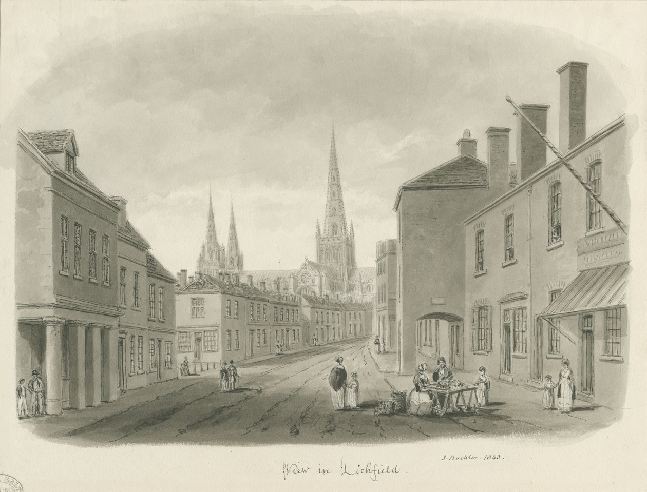Lichfield - Utsikt over gaten: sepia-tegning, 1843 av John Buckler
