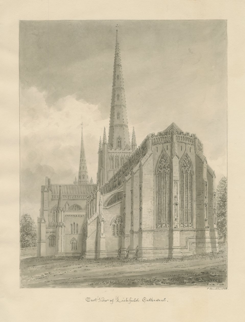 Lichfield Cathedral - East View: sepia-tegning, 1838 av John Buckler