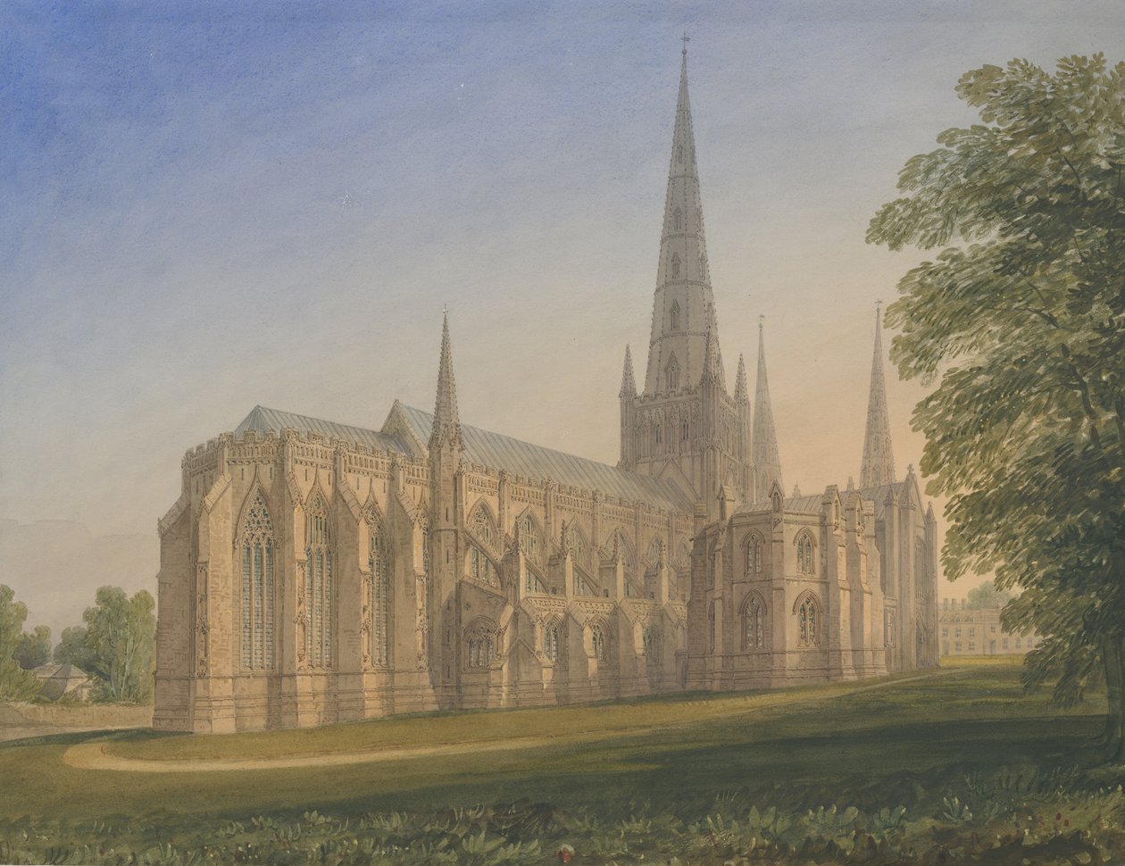 Lichfield Cathedral - North East View: vannfargemaleri, nd [1770-1851] av John Buckler