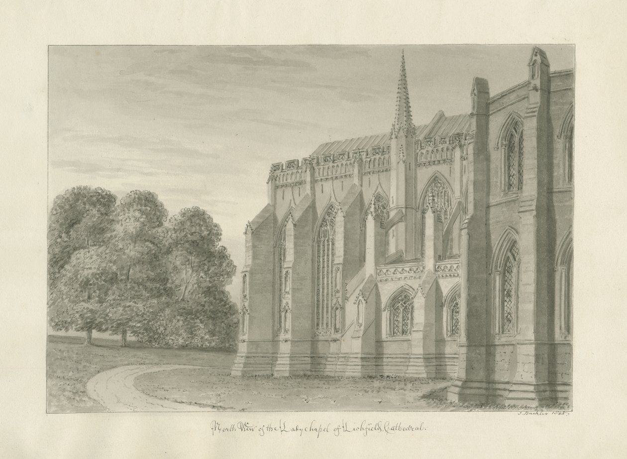 Lichfield Cathedral - North View: sepia-tegning, 1845 av John Buckler