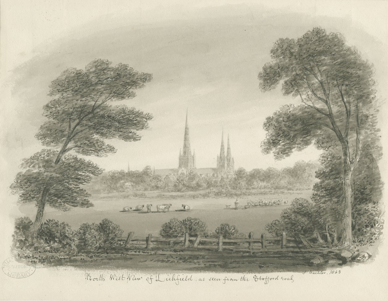 Lichfield Cathedral - North West View (fjern): sepia-tegning av John Buckler