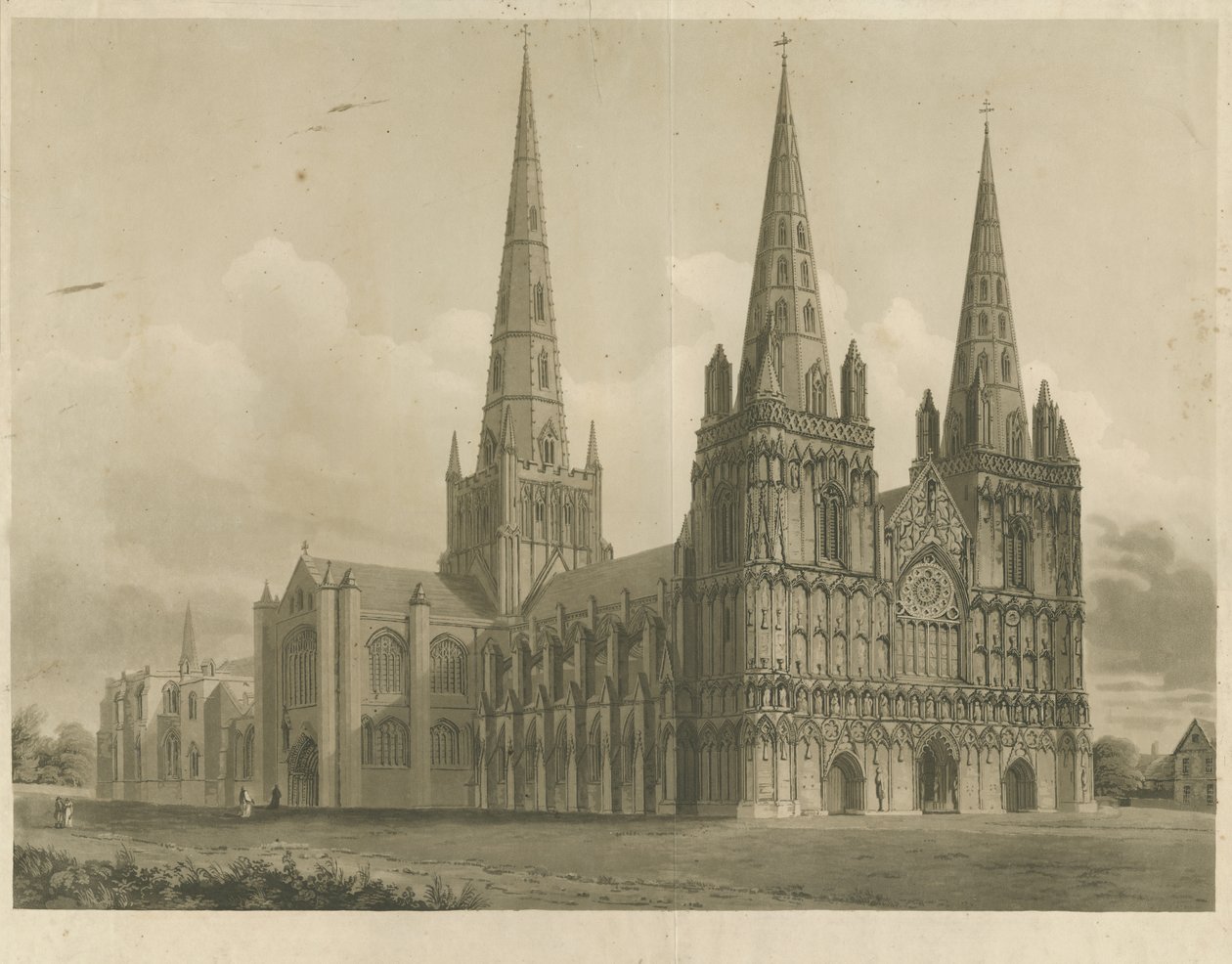 Lichfield Cathedral - North West View: akvatintgravering, nd [1807] av John Buckler
